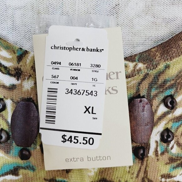 Christopher & Banks Sweater Cardigan XL Green Brown Wood Bead Embellished NEW - Picture 5 of 12